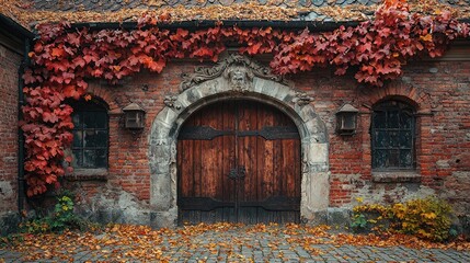 Rustic brick wall adorned with autumn leaves and an ornate wooden door