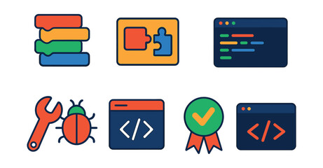 Isometric flat vector set of illustrations of coding for beginners: drag-and-drop blocks, logic puzzle card, syntax highlight bar, output console, debug tool icon, lesson tab, progress badge, code