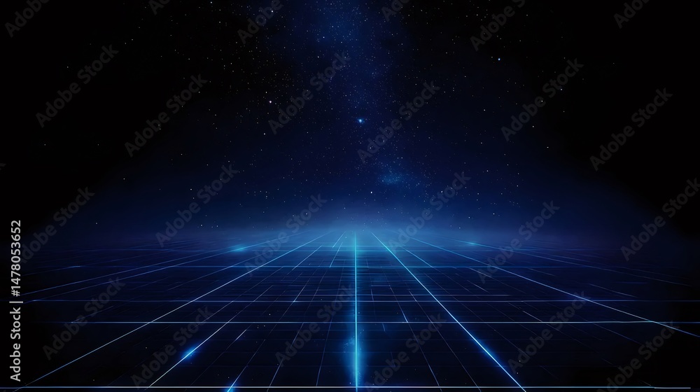 Poster abstract dark blue background with glowing light squares and lines resembling digital grid structure