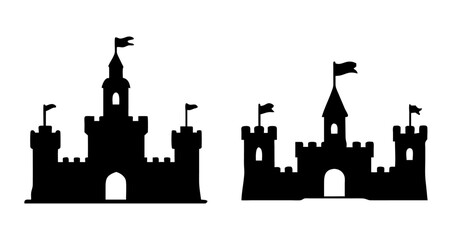 Obraz premium A Sat of Castle silhouette, medieval fortress outline for fairytale design, fantasy art, storybook illustration with white background