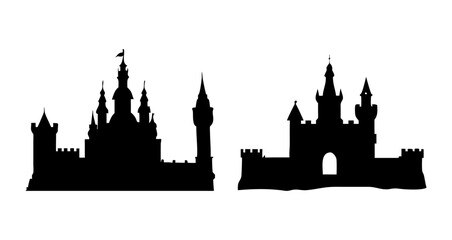 Fototapeta premium Sylwetka zamku, zarys średniowiecznej twierdzy do projektu baśniowego, sztuki fantasy, ilustracji z książki z opowiadaniami na białym tle