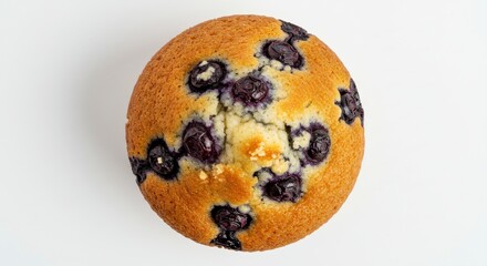 Top Down View of a Single Blueberry Muffin on a White Background with Golden Brown Crumb and Sugar Crystals
