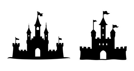 Obraz premium A Sat of Castle silhouette, medieval fortress outline for fairytale design, fantasy art, storybook illustration with white background