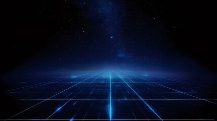 Abstract Dark Blue Background with Glowing Light Squares and Lines Resembling Digital Grid Structure Representing Modern Technology