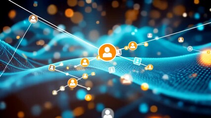 Digital Connections: An eye-level view of a vibrant and interconnected digital network. The image showcases a web of data points and profiles, suggesting collaboration, communication. - Powered by Adobe