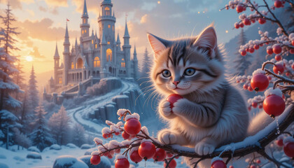 Adorable Kitten Playing with a Red Ornament in a Winter Wonderland with a Fairytale Castle - Snowy Scene with Cherry Berries and Magical Atmosphere