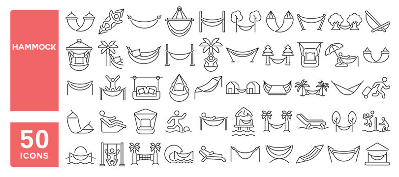Set of 50 line icons related to hammock, swing, comfort, relaxation, vacation, picnic, rest, Editable stroke. Vector illustration