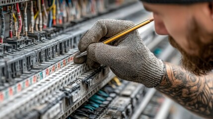 Electrician at Work Detailed View of Wiring and Labeling in an Electrical Panel