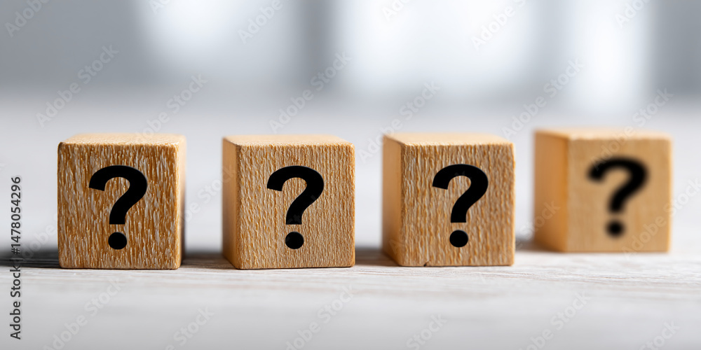 Poster four wooden cubes with question marks, arranged in a row on a light surface, symbolizing uncertainty