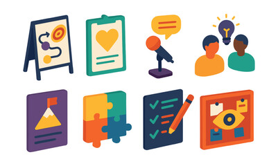 Isometric flat vector set of illustrations of youth leadership training: goal setting board, values reflection card, public speaking mic, mentorship icon, leadership challenge card, teamwork puzzle,