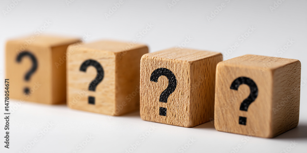 Poster four wooden cubes with black question marks, arranged in a row on a light background, symbolizing un