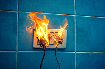 Electrical power socket with cable fire risk showing flame sparks and overheating danger from power overload failure
