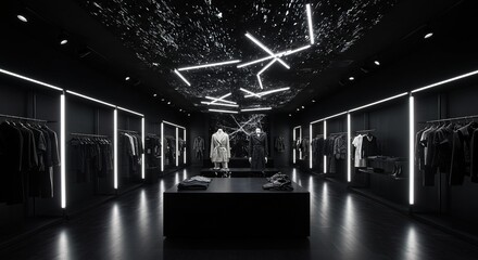 Dramatic monochromatic clothing boutique interior
