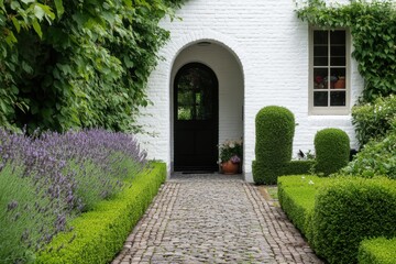 Fototapeta premium A vibrant and lush garden pathway gracefully guides you towards a charming entrance, embraced by abundant greenery and blooming lavender plants in the warmth of early summer