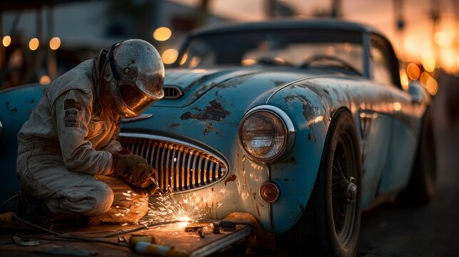 Fototapeta Craftsman Restoring Vintage Car with Welding Sparks at Sunset