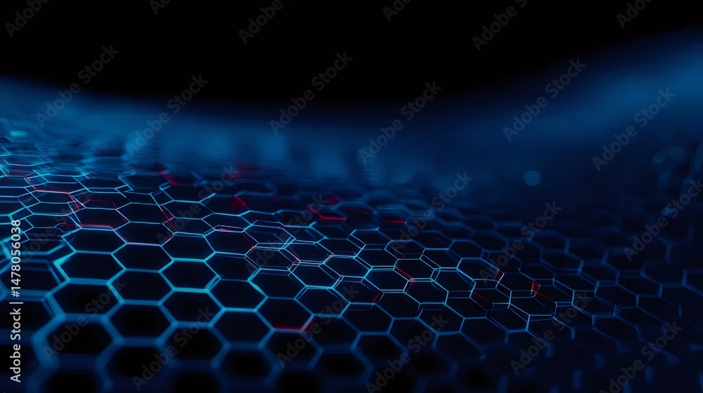 Poster blue hexagonal patterned background with red accents in a modern design highlighting scientific and 