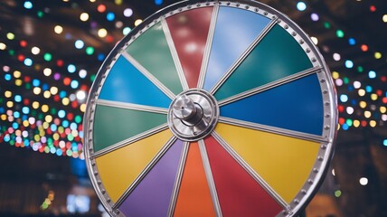 A vibrant color wheel spins, showcasing bright hues under illuminated festive lights.