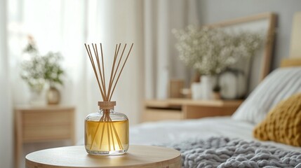 Liquid home fragrance in a diffuser with wooden sticks on table in bedroom