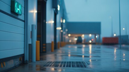 Wet loading dock area reflecting ambient light at distribution warehouse