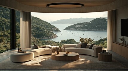 Fototapeta premium Panoramic ocean view from a modern living room.