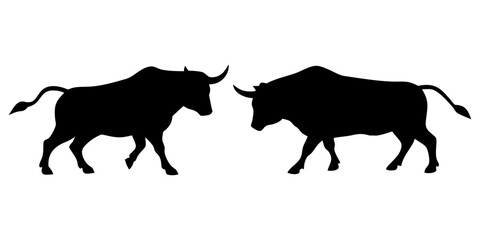 A set of different bull poses silhouettes. Farm animal. white background with Vector illustration.