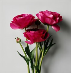 Beautiful Bouquet of Bright Pink Ranunculus Flowers Against a Neutral Background