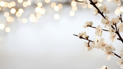 White blossoms branch bokeh lights background floral springtime delicate bloom nature