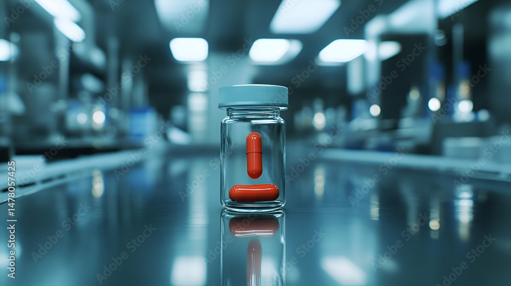 Poster two red capsules in a glass bottle on a conveyor belt in a modern laboratory setting