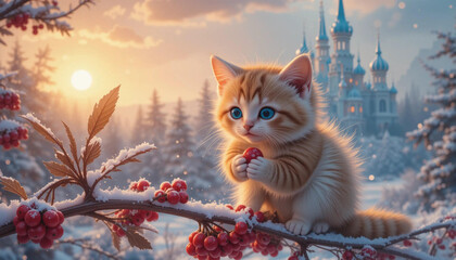 Adorable Kitten Holding Red Berries in a Snowy Winter Wonderland with a Magical Castle in the Background - Christmas Spirit with Snow, Trees, and a Sunset Glow