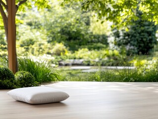 White pillow on wooden deck amid lush greenery outdoor relaxation and serenity
