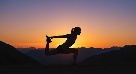 Woman Stretching at Sunset with Mountain Backdrop