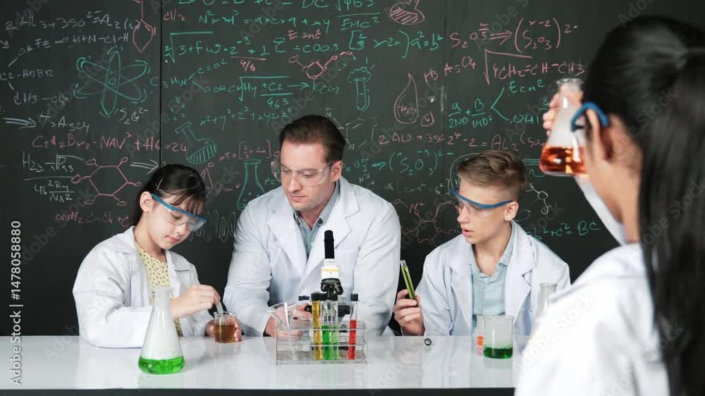 Poster smart girl inspect colored liquid while diverse student doing experiment in stem science class. grou