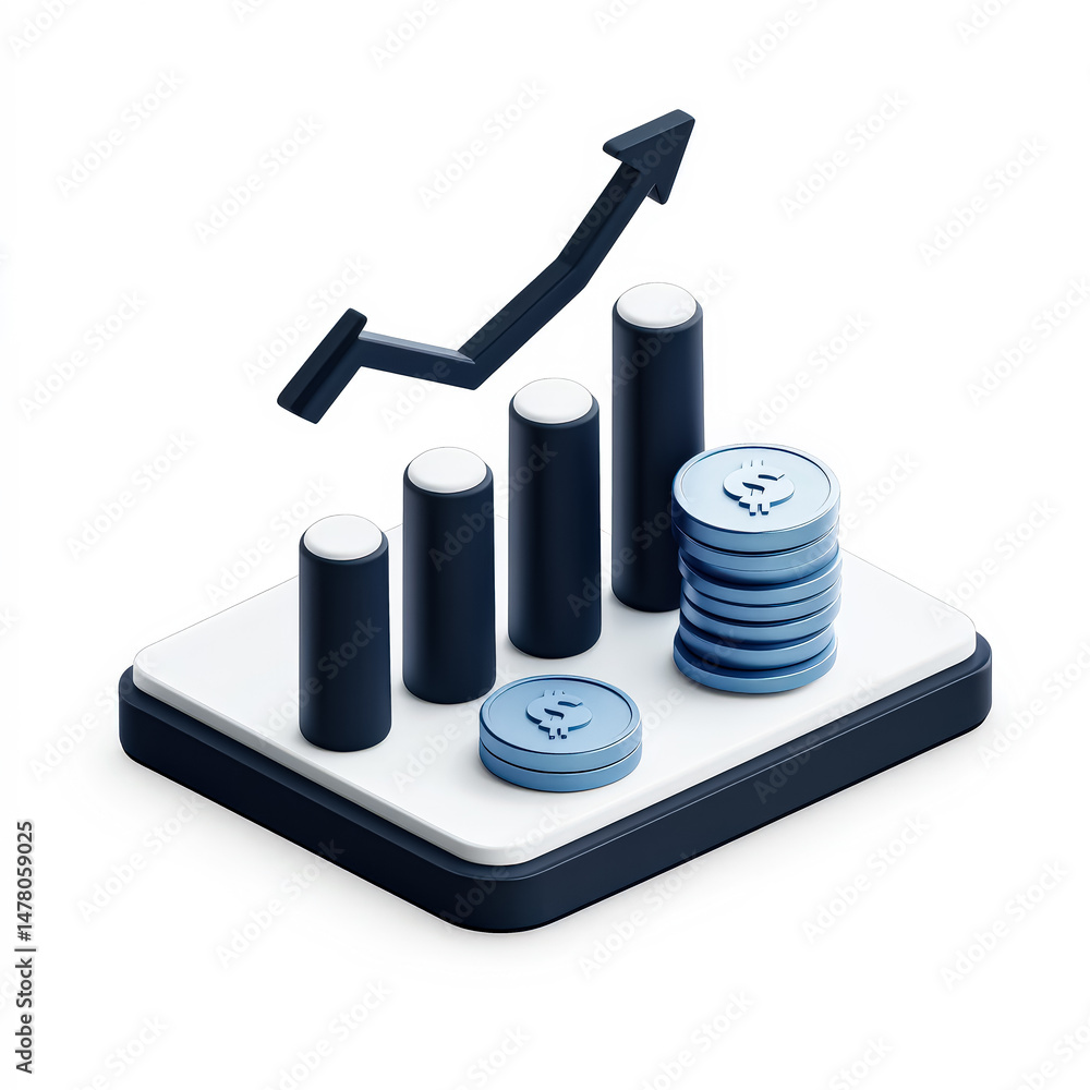 Poster graph with a blue arrow pointing upward and a stack of coins on the bottom