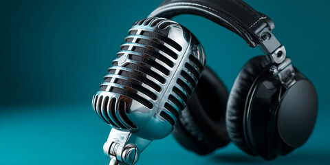 Close-up of vintage microphone and headphones on teal background, showcasing audio recording, podcasting or music themes.  Free space for text