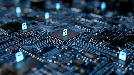Close-up of circuit board with glowing padlock icons, symbolizing digital security and data protection, ideal for technology or cybersecurity concepts