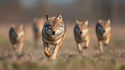 Wolf pack hunting in open field wildlife natural habitat