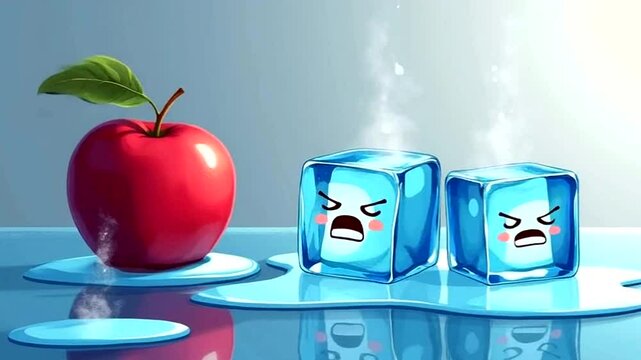 Melting ice cubes and a fresh apple.  Cute cartoon characters