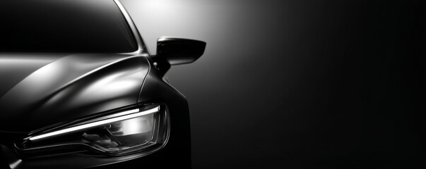 Stylish black car illuminated against a dark background, emphasizing sleek design.