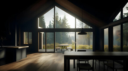 Modern cabin interior with large windows showcasing a misty forest.  Wooden floors, dark walls, and a simple, airy design.  A patio space and dining area are visible