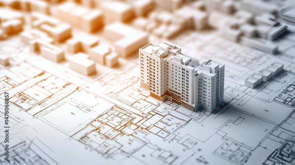 Poster white 3d model building on blueprint background