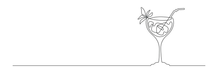 Editable vector stroke of Glass of Cocktail  with ice and lemon, drink with drinking straw. Continuous one line drawing. Vector illustration