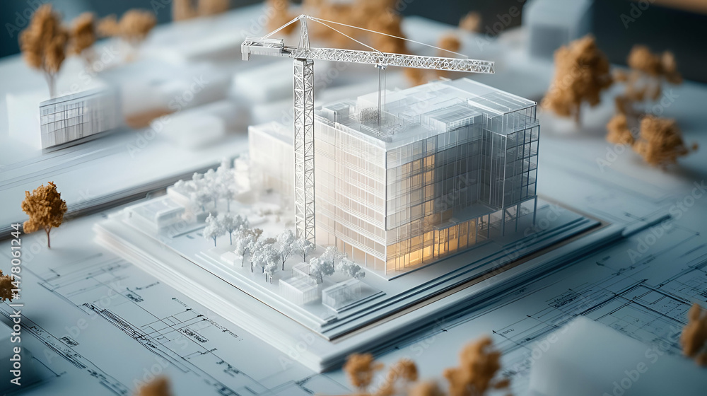 Poster white architectural model of a modern building under construction