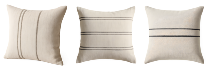Set of three cream colored linen pillows with various gray stripe designs isolated on transparent background perfect for home decor - PNG