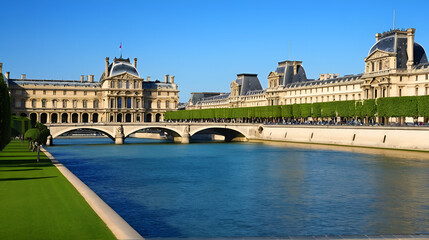 Obraz premium View of the museum Louvre and Pond Royal from Seine river