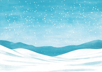 Winter landscape, snowy hills under a starry sky