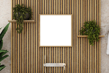 bathroom frame mockupand wood wall, 3d render