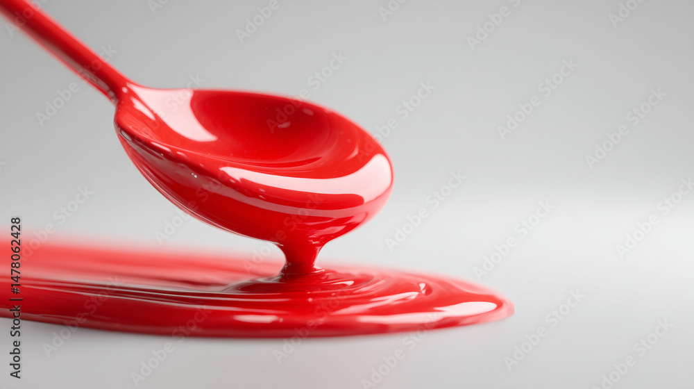 Poster vibrant red paint drips from a spoon, creating a glossy texture on a smooth surface.