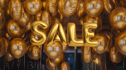 Gold balloons create a festive atmosphere featuring 'SALE' lettering, ideal for promotions and celebrations.