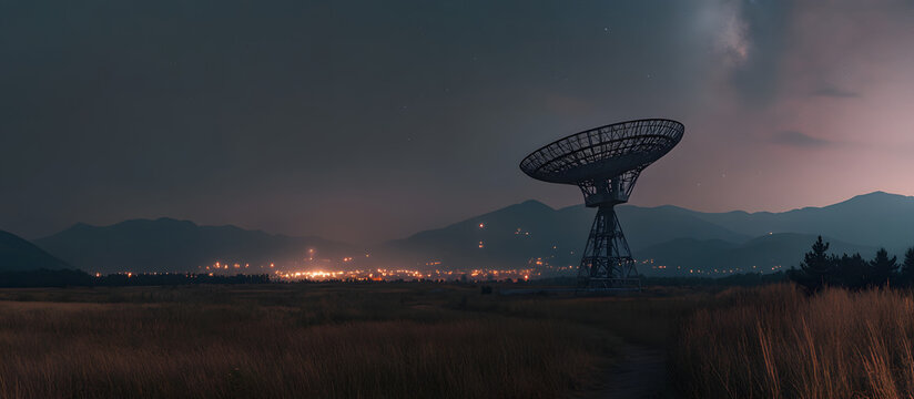 Large satellite dish under starry night sky in remote desert landscape for space communication and astronomy concept