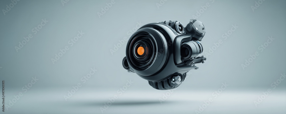 Poster futuristic floating camera showcasing advanced design and intricate details.